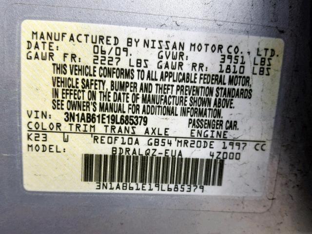 3N1AB61E19L685379 - 2009 NISSAN SENTRA 2.0 GRAY photo 10