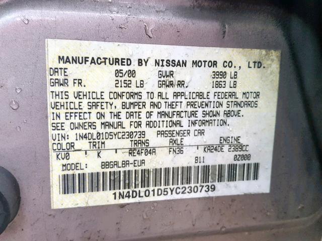 1N4DL01D5YC230739 - 2000 NISSAN ALTIMA XE SILVER photo 10