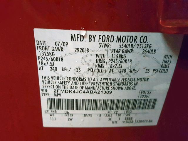 2FMDK4JC4ABA21389 - 2010 FORD EDGE SEL RED photo 10