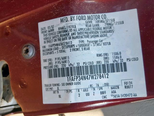 1FAFP34N47W278412 - 2007 FORD FOCUS ZX4 MAROON photo 10