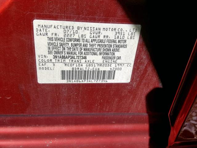 3N1AB6AP3AL727346 - 2010 NISSAN SENTRA 2.0 RED photo 10