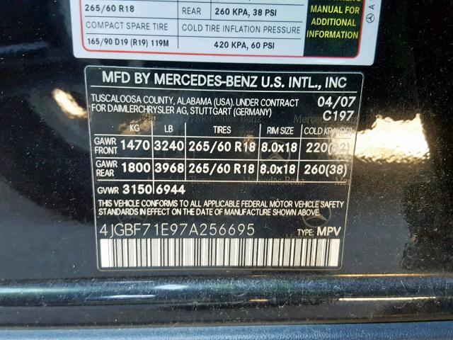 4JGBF71E97A256695 - 2007 MERCEDES-BENZ GL 450 4MA BLACK photo 10