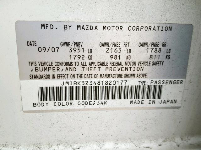 JM1BK323481820177 - 2008 MAZDA 3 S WHITE photo 10