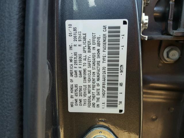 1HGCP3F81AA012470 - 2010 HONDA ACCORD EXL GRAY photo 10