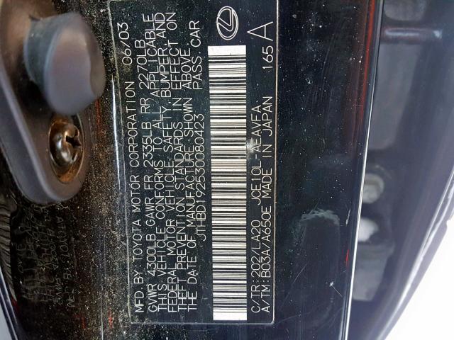 JTHBD192530080423 - 2003 LEXUS IS 300 BLACK photo 10