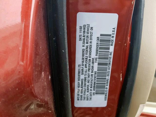 4S3BH686737627593 - 2003 SUBARU LEGACY OUT RED photo 10