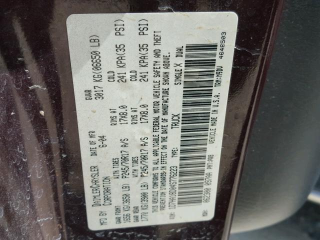 1D7HA18D04S776223 - 2004 DODGE RAM 1500 S MAROON photo 10