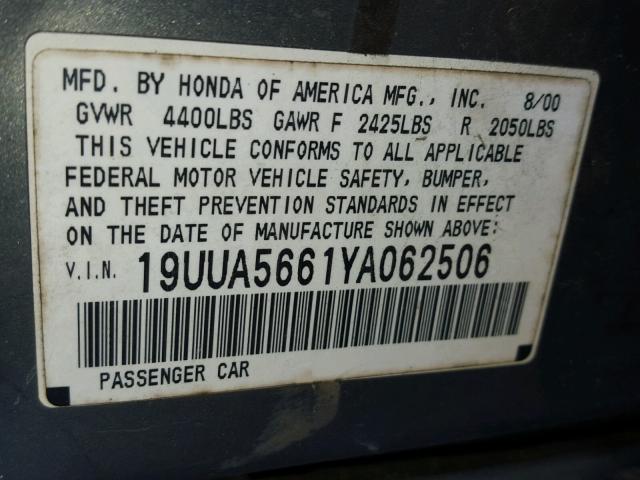 19UUA5661YA062506 - 2000 ACURA 3.2TL GRAY photo 10