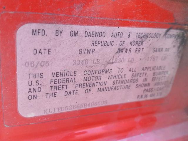 KL1TD52665B496599 - 2005 CHEVROLET AVEO BASE Қызыл фото 10