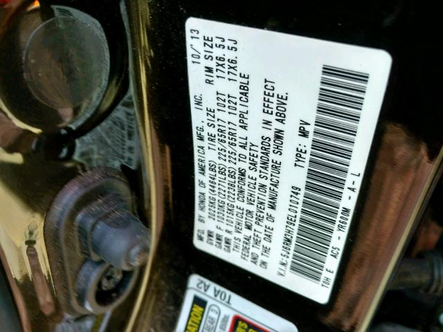 5J6RM3H79EL010749 - 2014 HONDA CR-V EXL BLACK photo 10