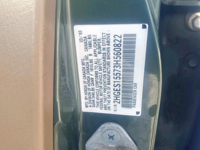 2HGES15573H560822 - 2003 HONDA CIVIC LX GREEN photo 10