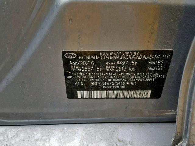 5NPE34AFXGH429960 - 2016 HYUNDAI SONATA SPO SILVER photo 10