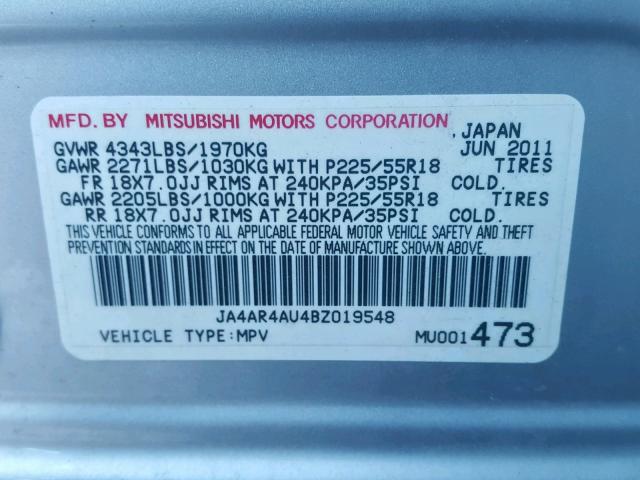 JA4AR4AU4BZ019548 - 2011 MITSUBISHI OUTLANDER SILVER photo 10