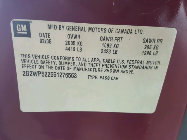 2G2WP522551276563 - 2005 PONTIAC GRAND PRIX MAROON photo 10