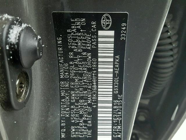 4T1BK36B46U141860 - 2006 TOYOTA AVALON XL/ GRAY photo 10