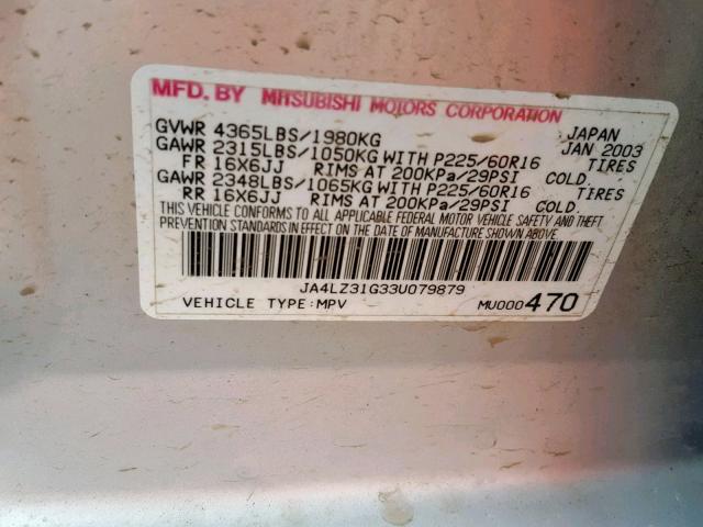 JA4LZ31G33U079879 - 2003 MITSUBISHI OUTLANDER SILVER photo 10