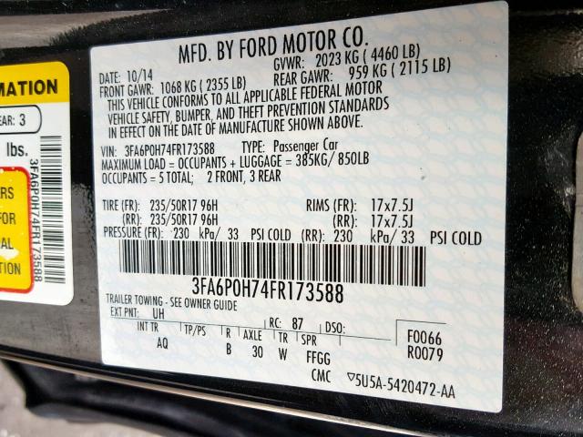 3FA6P0H74FR173588 - 2015 FORD FUSION SE BLACK photo 10