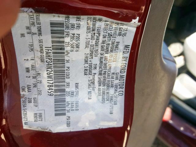 1FAHP34N26W178459 - 2006 FORD FOCUS ZX4 RED photo 10