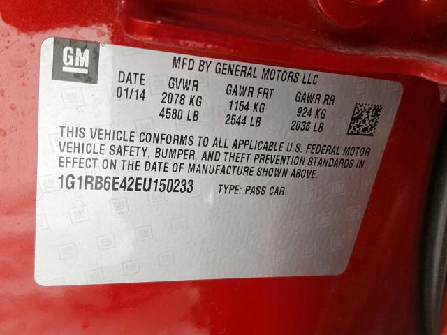 1G1RB6E42EU150233 - 2014 CHEVROLET VOLT RED photo 10