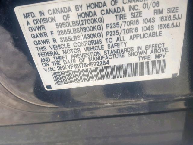 2HKYF18176H522284 - 2006 HONDA PILOT LX BLACK photo 10