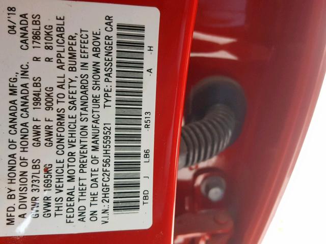 2HGFC2F56JH559521 - 2018 HONDA CIVIC LX RED photo 10