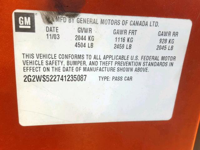 2G2WS522741235087 - 2004 PONTIAC GRAND PRIX ORANGE photo 10