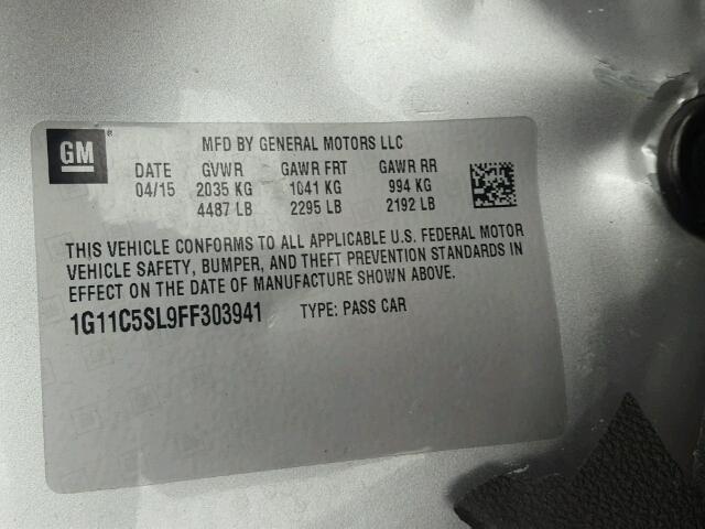 1G11C5SL9FF303941 - 2015 CHEVROLET MALIBU 1LT 银色 照片 10