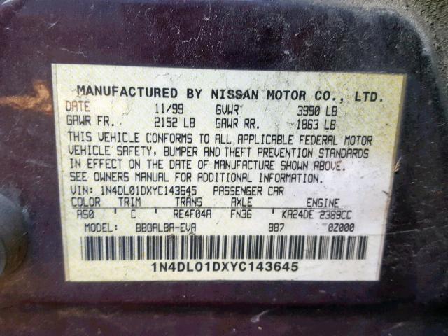 1N4DL01DXYC143645 - 2000 NISSAN ALTIMA XE PURPLE photo 10