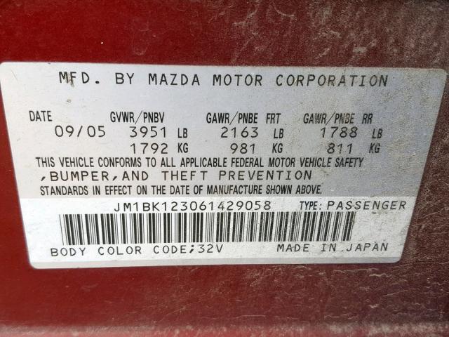 JM1BK123061429058 - 2006 MAZDA 3 S RED photo 10