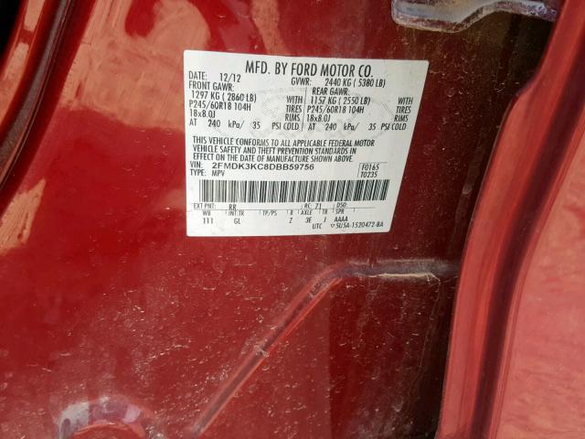 2FMDK3KC8DBB59756 - 2013 FORD EDGE LIMIT RED photo 10