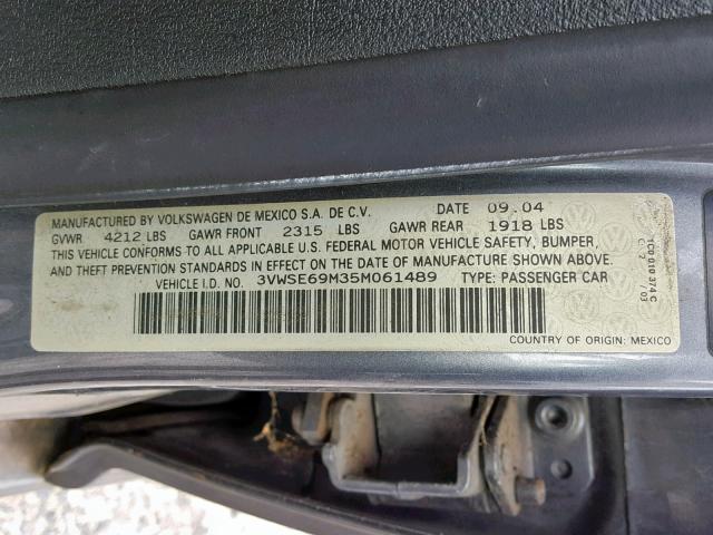 3VWSE69M35M061489 - 2005 VOLKSWAGEN JETTA GLI CHARCOAL photo 10