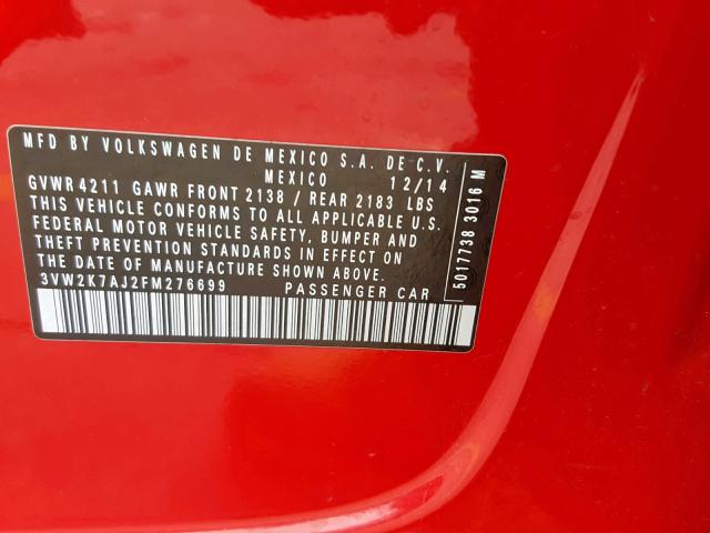 3VW2K7AJ2FM276699 - 2015 VOLKSWAGEN JETTA BASE RED photo 10