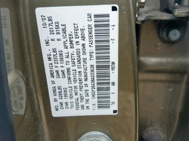 1HGCP26438A033628 - 2008 HONDA ACCORD LXP GOLD photo 10