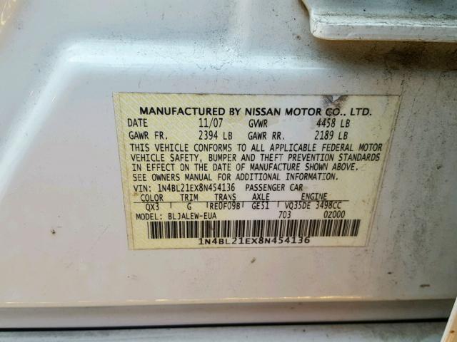 1N4BL21EX8N454136 - 2008 NISSAN ALTIMA 3.5 WHITE photo 10