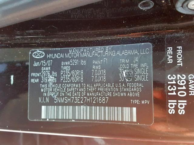 5NMSH73E27H121687 - 2007 HYUNDAI SANTA FE S BLACK photo 10