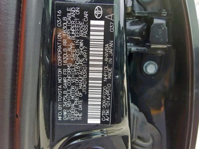 JTDKDTB3XG1124917 - 2016 TOYOTA PRIUS C BLACK photo 10