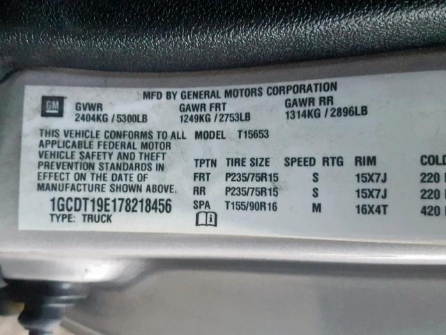 1GCDT19E178218456 - 2007 CHEVROLET COLORADO SILVER photo 10