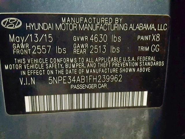 5NPE34AB1FH239962 - 2015 HYUNDAI SONATA SPO BLUE photo 10