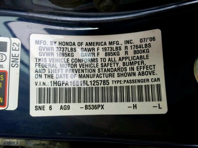 1HGFA16816L125785 - 2006 HONDA CIVIC EX BLUE photo 10