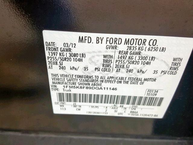 1FM5K8F89DGA11146 - 2013 FORD EXPLORER L BLACK photo 10