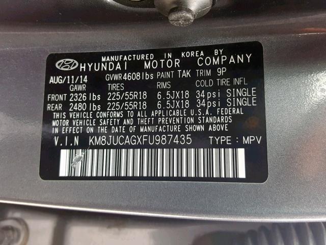 KM8JUCAGXFU987435 - 2015 HYUNDAI TUCSON LIM GRAY photo 10