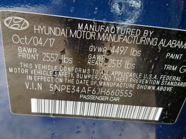 5NPE34AF6JH660555 - 2018 HYUNDAI SONATA SPO BLUE photo 10