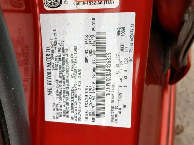 3FAHP0KC8AR426855 - 2010 FORD FUSION SPO RED photo 10