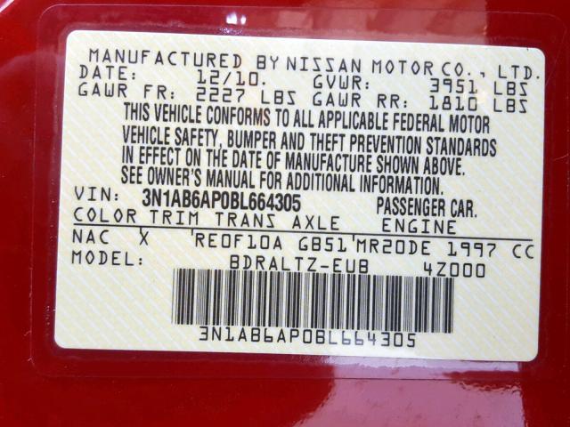 3N1AB6AP0BL664305 - 2011 NISSAN SENTRA 2.0 RED photo 10