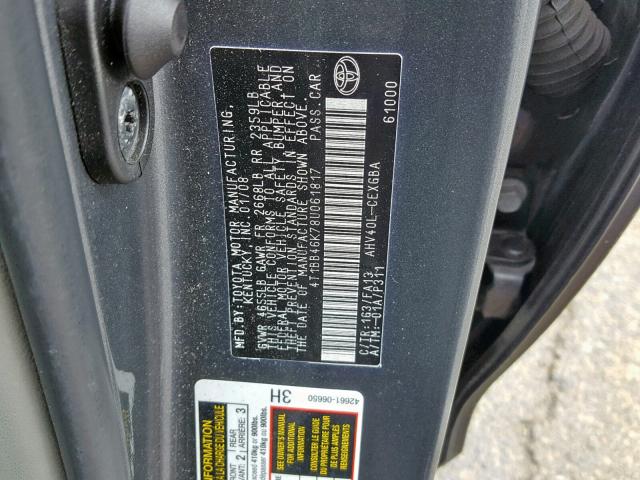 4T1BB46K78U061817 - 2008 TOYOTA CAMRY HYBR GRAY photo 10