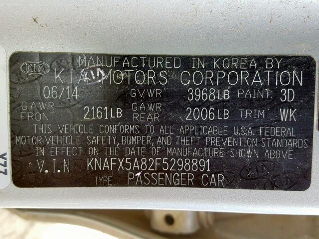 KNAFX5A82F5298891 - 2015 KIA FORTE EX SILVER photo 10