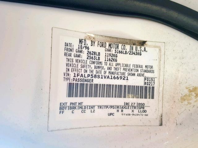 1FALP58S1VA166921 - 1997 FORD TAURUS LX WHITE photo 10