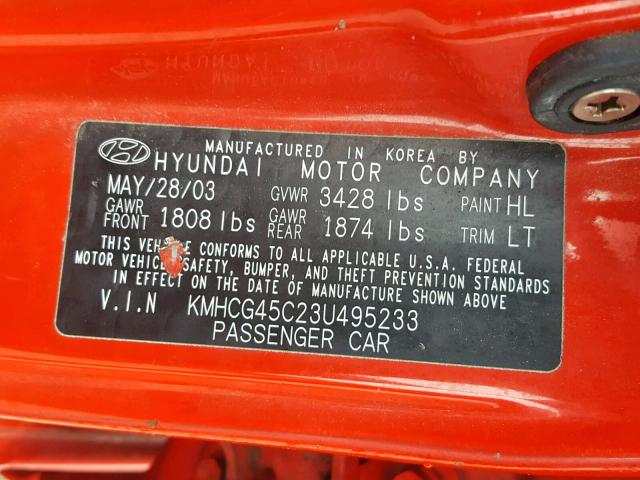 KMHCG45C23U495233 - 2003 HYUNDAI ACCENT GL RED photo 10