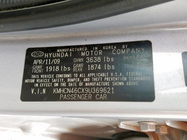 KMHCN46CX9U369621 - 2009 HYUNDAI ACCENT GLS SILVER photo 10