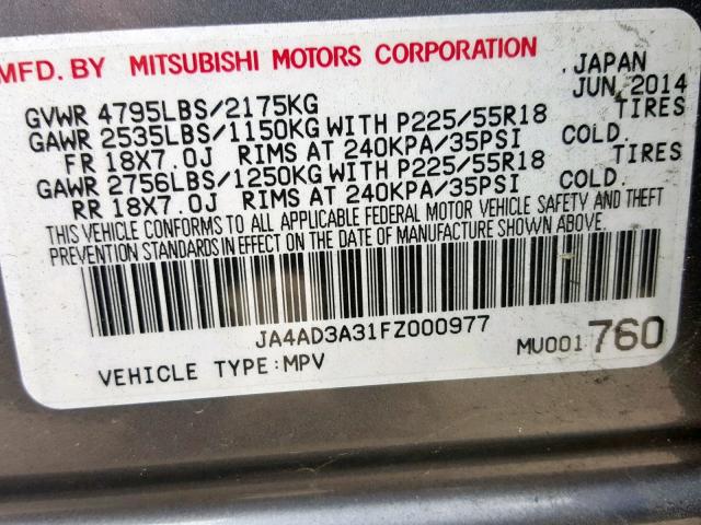 JA4AD3A31FZ000977 - 2015 MITSUBISHI OUTLANDER GRAY photo 10